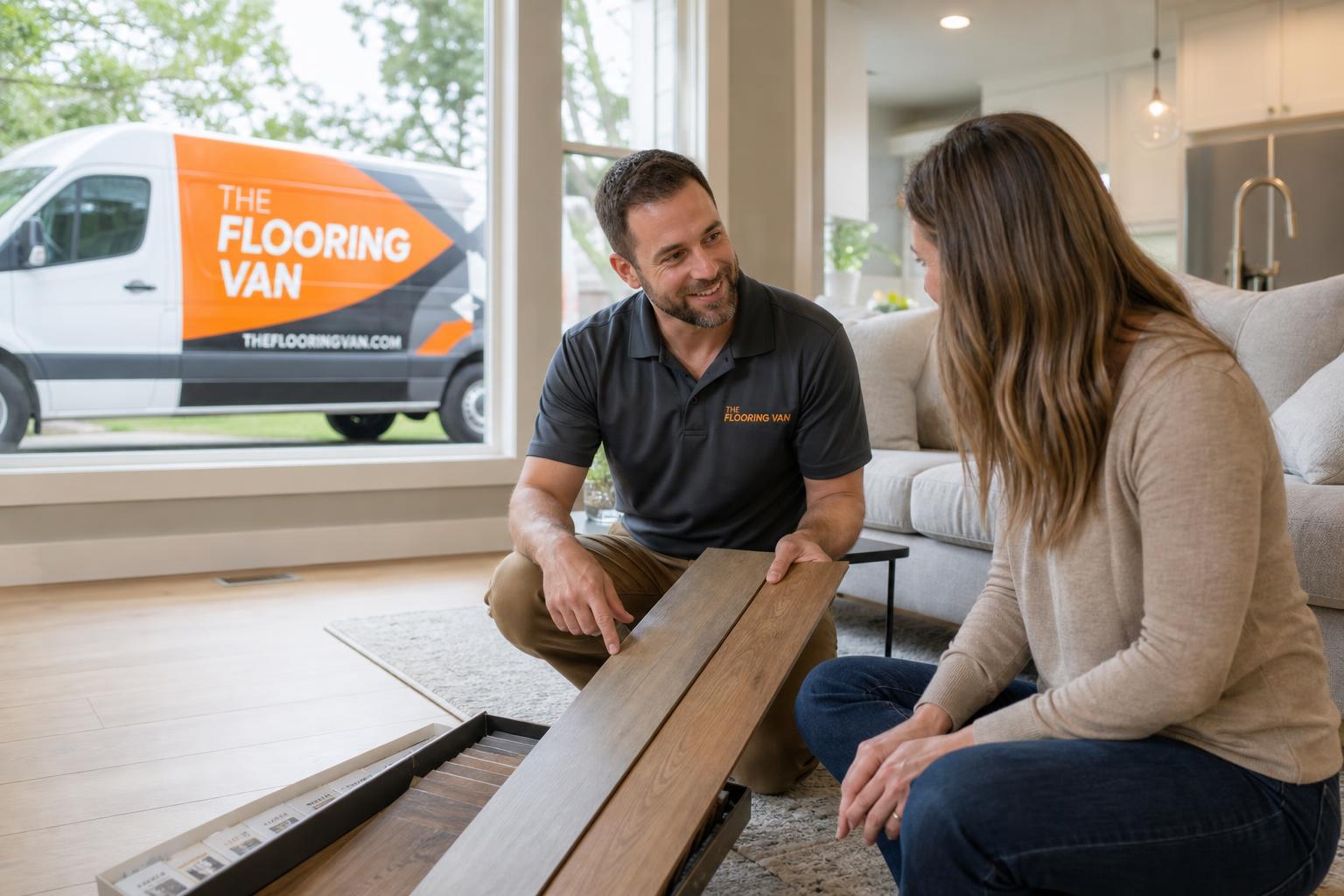 The Flooring Van team showing flooring samples to a South Florida homeowner